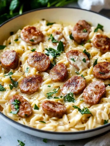 A bowl of pasta with sausage and cheese.