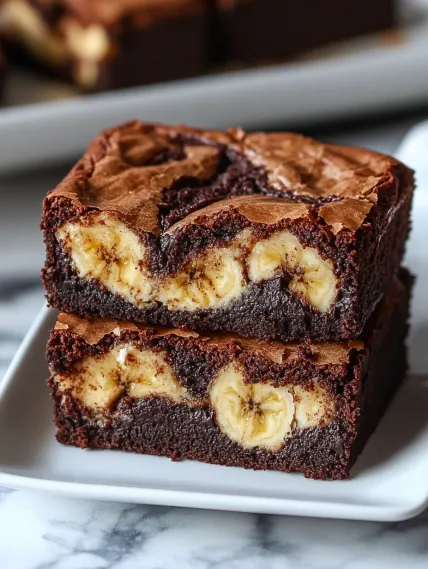 A slice of chocolate cake with bananas.