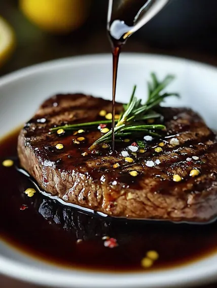 A piece of meat with a sprig of rosemary on top.