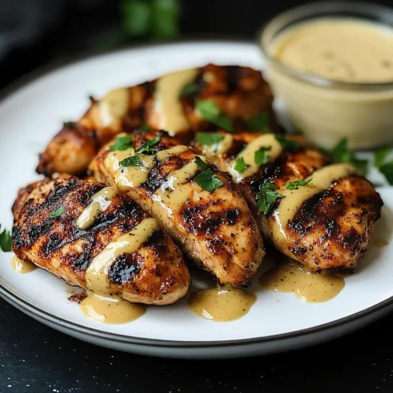 A plate of chicken with sauce on it.