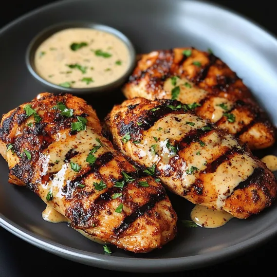 A plate of chicken with a dipping sauce.