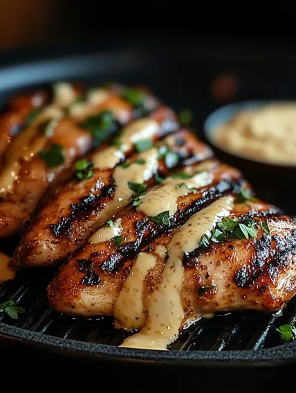 Chicken with sauce on a black plate.