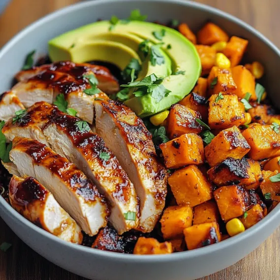 A bowl of food with chicken, avocado, and carrots.