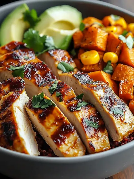 A bowl of food with chicken, corn, and avocado.