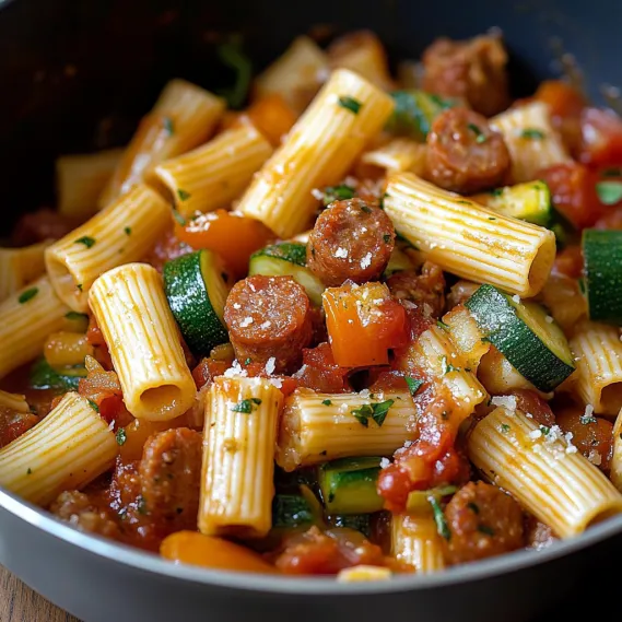 A bowl of pasta with sausage and vegetables.
