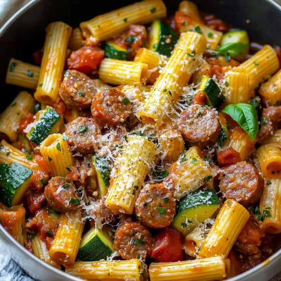 A bowl of pasta with sausage and zucchini.