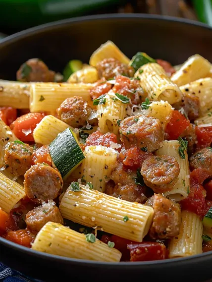 A bowl of pasta with sausage and vegetables.