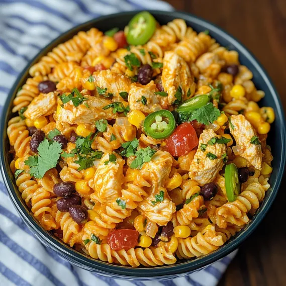 A bowl of pasta with chicken and vegetables.