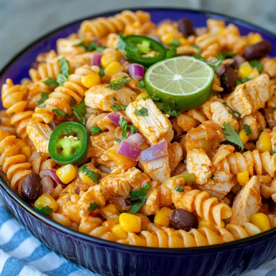 A bowl of pasta with chicken and vegetables.