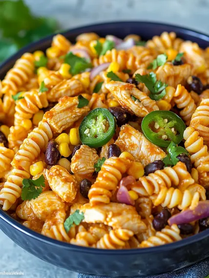 A bowl of pasta with chicken, corn, and peppers.