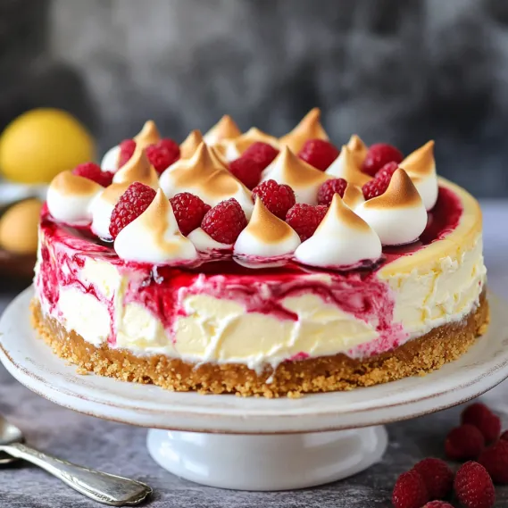 A slice of cake with raspberries and whipped cream.