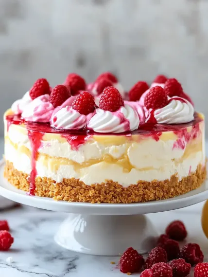 A slice of cake with raspberries on top.