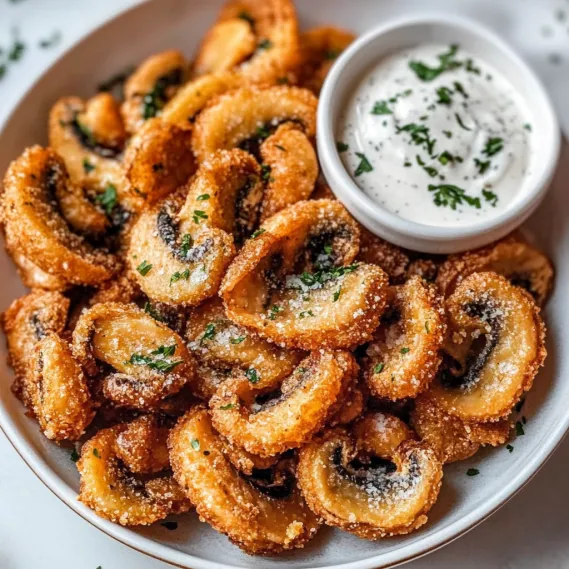 A plate of fried onion rings with a dipping sauce.