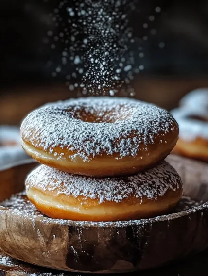 A stack of donuts with powdered sugar on top.
