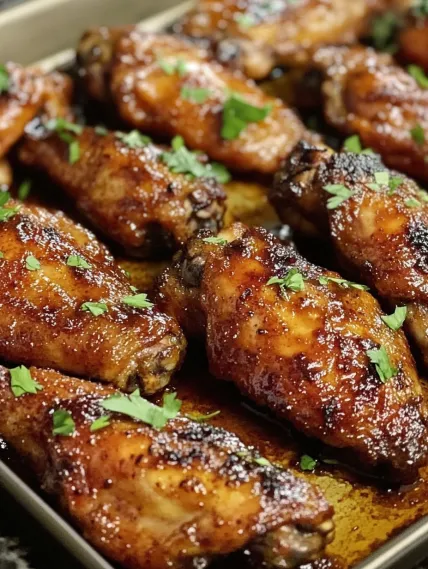 A pan of chicken wings with sauce.