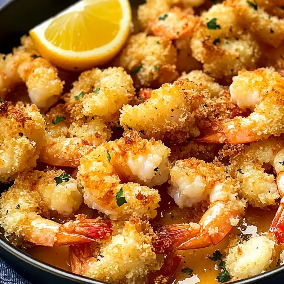 A bowl of shrimp and scallops with a lemon wedge on top.