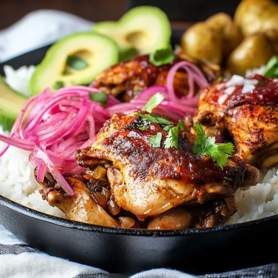 A plate of food with rice, meat, and vegetables.