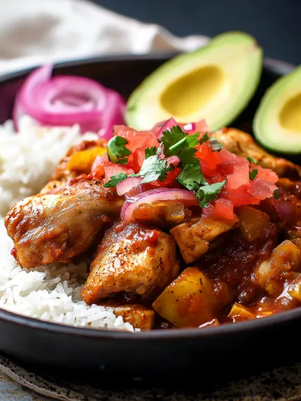 A plate of food with rice, chicken, and avocado.