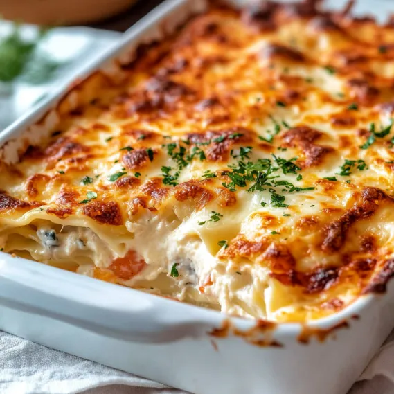 A white bowl with a casserole in it.