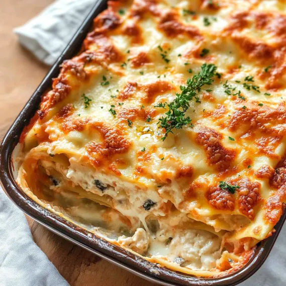 A pan of lasagna with a green herb on top.