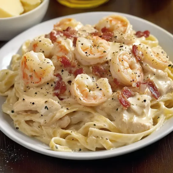 A plate of shrimp and pasta.