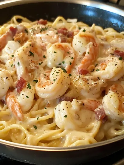 A bowl of shrimp and pasta.