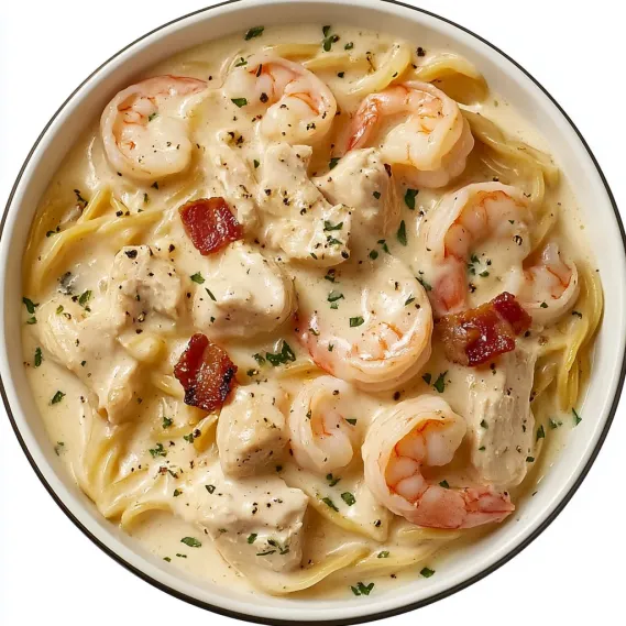 A bowl of shrimp and pasta.