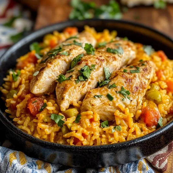 A bowl of rice with chicken and vegetables.