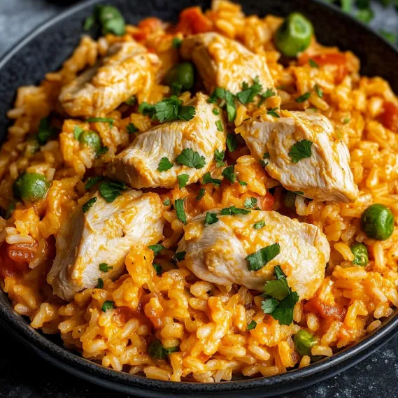 A bowl of rice with chicken and peas.
