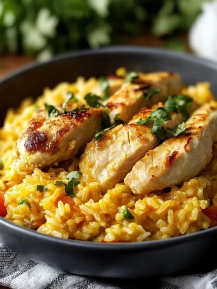 A bowl of rice with chicken and vegetables.
