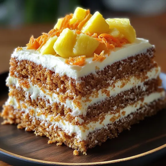 A slice of cake with pineapple on top.