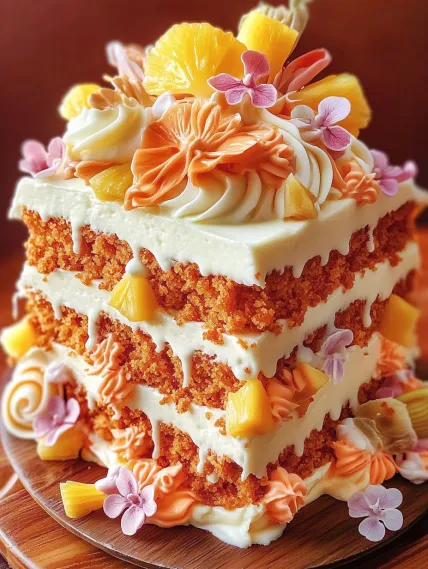 A three layer cake with orange and white frosting.