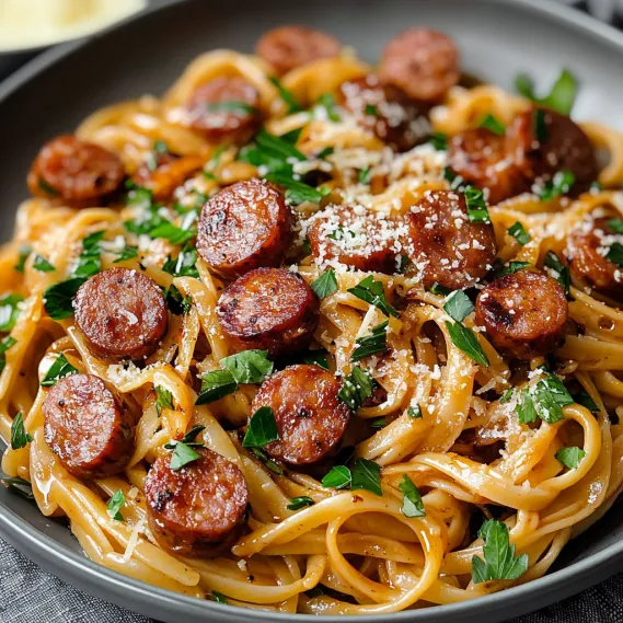 A bowl of pasta with sausage and cheese.