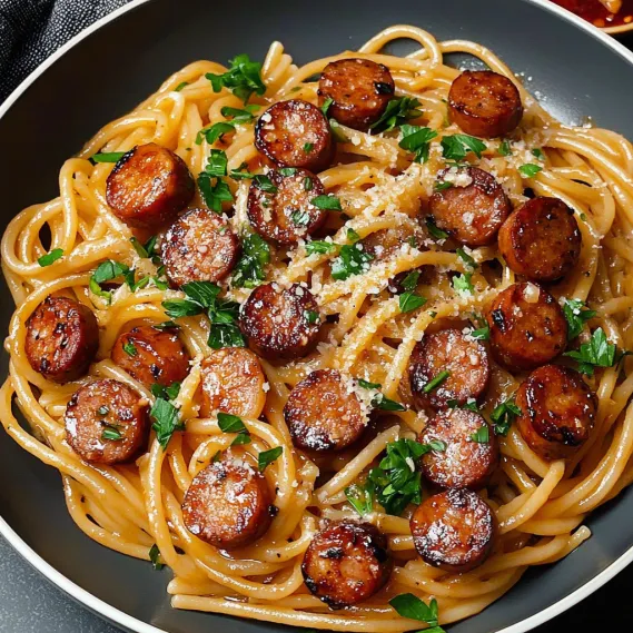 A bowl of spaghetti with meatballs and herbs.