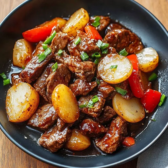 A bowl of beef and vegetables.