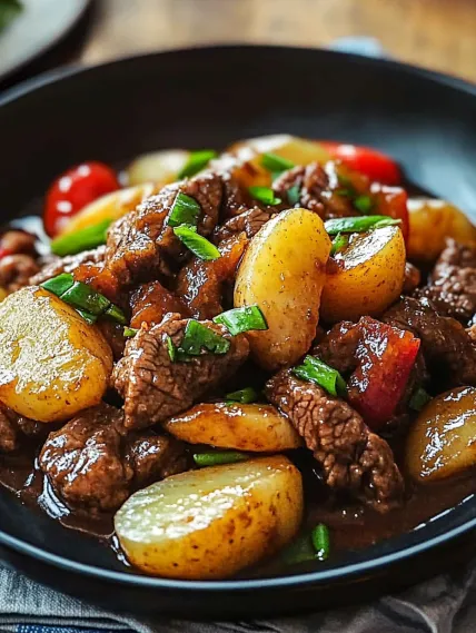 A bowl of meat and potatoes.