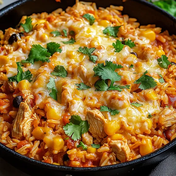 A bowl of rice with chicken and vegetables.