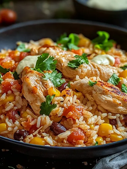 A bowl of rice with chicken and vegetables.