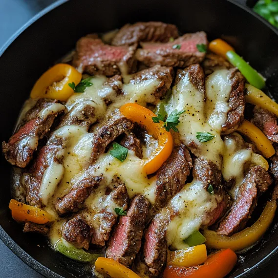 A bowl of food with meat and peppers.