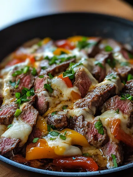 A close up of a delicious steak with cheese and peppers.