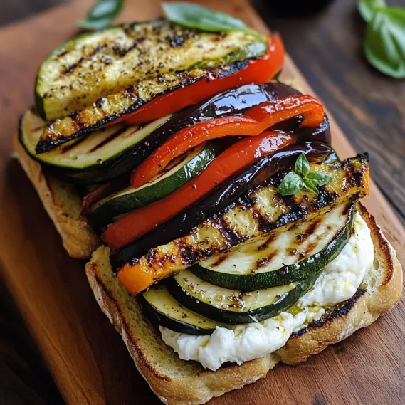 A sandwich with zucchini, tomato, and basil.