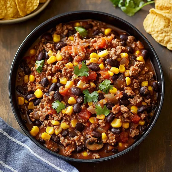A bowl of chili with beans, corn, and tomatoes.