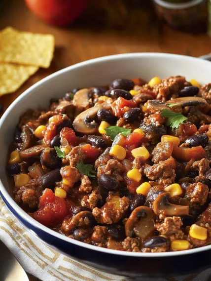 A bowl of chili with beans, corn and mushrooms.
