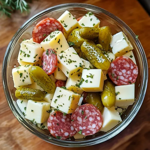 A bowl of food with olives, cheese, and meat.