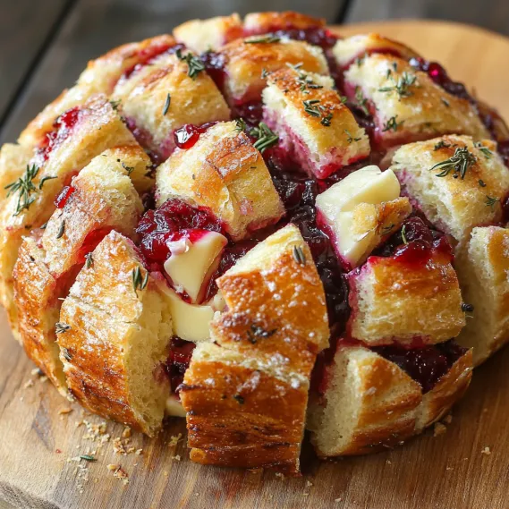 A loaf of bread with berries and cheese.