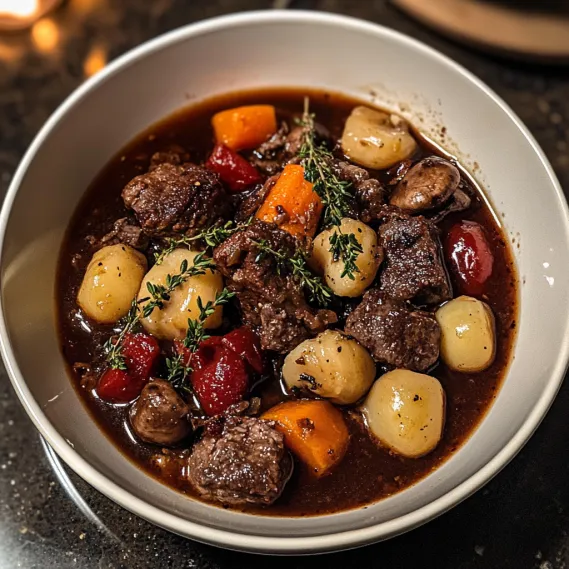 A bowl of food with meat and vegetables.