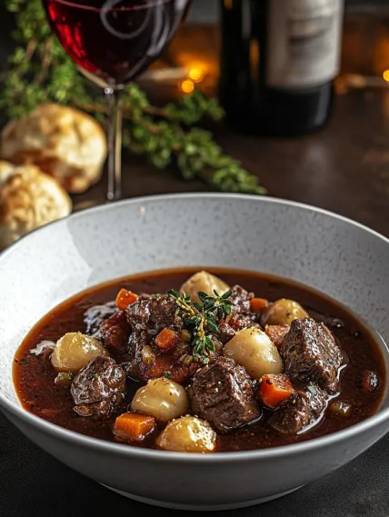 A bowl of stew with meat and vegetables.