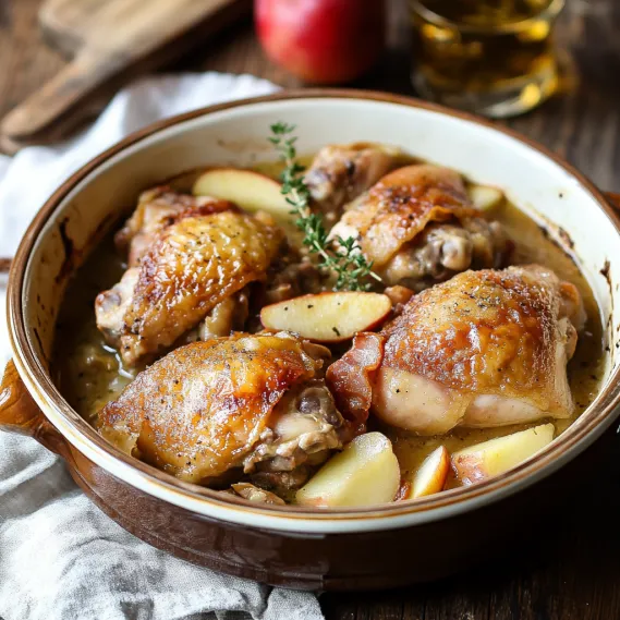 A bowl of chicken and apples.