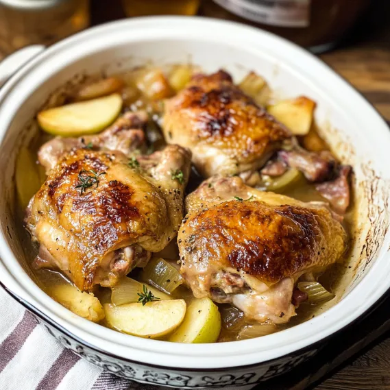 A bowl of chicken with potatoes and onions.
