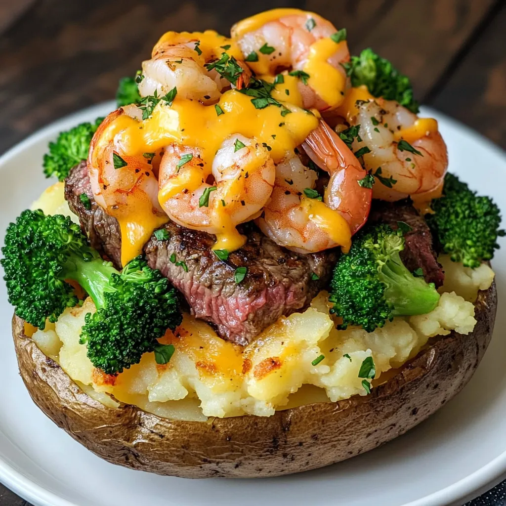 Loaded Baked Potato with Steak, Shrimp & Broccoli